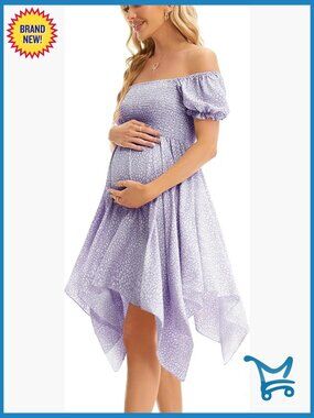 Maternity Summer Dress Puff Sleeve Floral Square Neck Irregular Hem